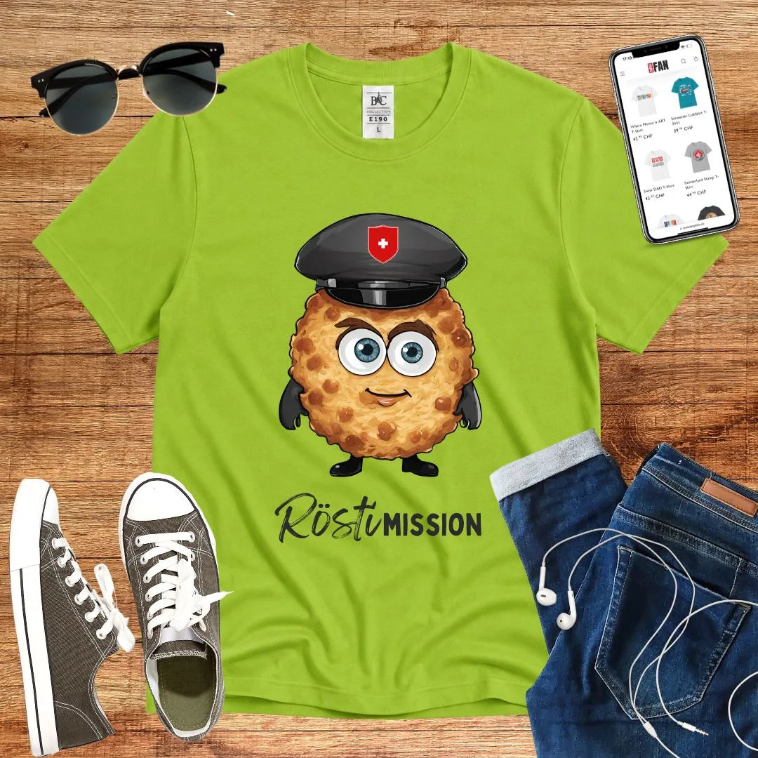 T-Shirt in Orchid Green mit Niedlicher Rösti-Charakter mit Polizeimütze und Schriftzug „Rösti Mission“