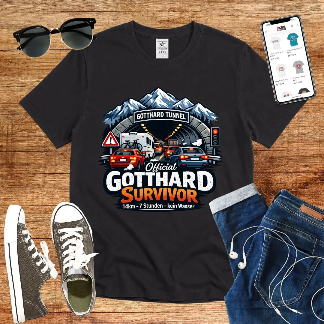 T-Shirt in Black mit Illustration von Gotthard-Tunnel mit Autos und Bergen, Schriftzug „Official Gotthard Survivor“