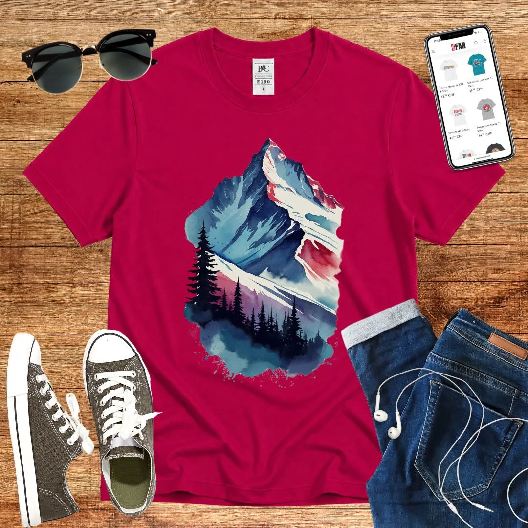 T-Shirt in Sorbet mit Wasserfarben-Bergmotiv mit Tannenbäumen im Vordergrund