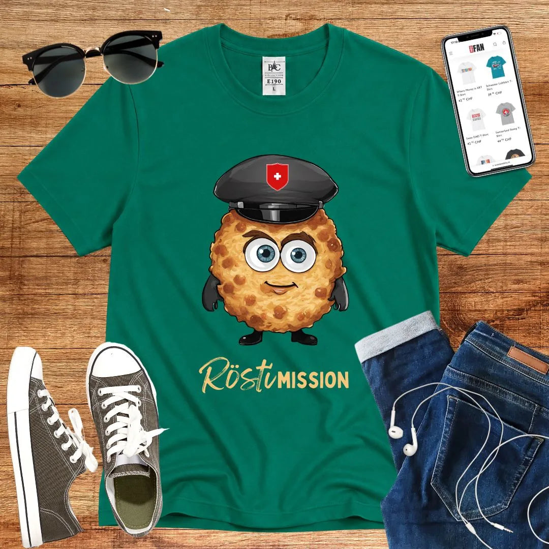 T-Shirt in Kelly Green mit Niedlicher Rösti-Charakter mit Polizeimütze und Schriftzug „Rösti Mission“