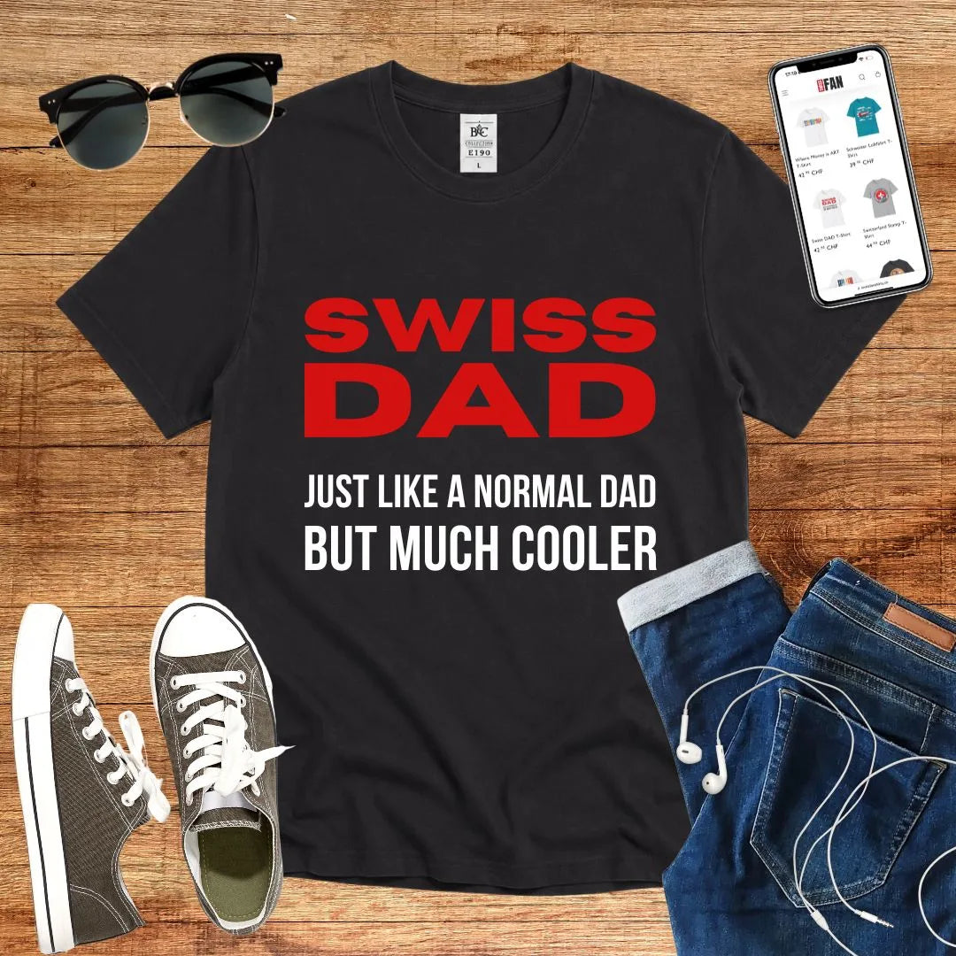 T-Shirt in Black mit Motiv mit rotem und schwarzem Text und Schriftzug SWISS DAD JUST LIKE A NORMAL DAD BUT MUCH COOLER