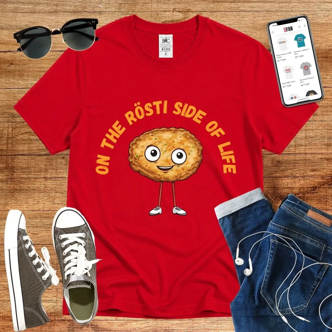 T-Shirt in Red mit Charmantes Rösti-Cartoon-Motiv mit Schriftzug „ON THE RÖSTI SIDE OF LIFE“