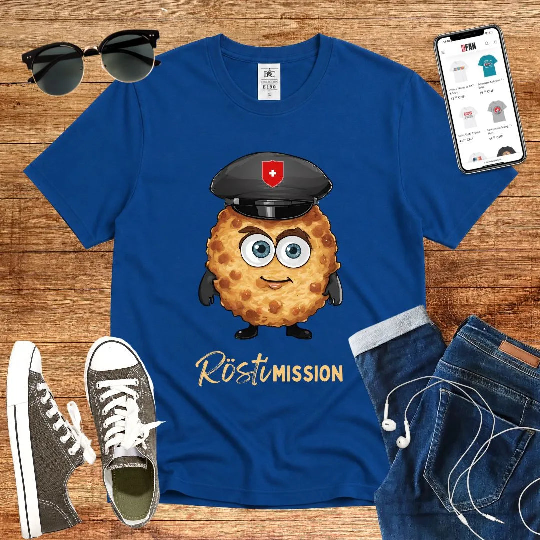 T-Shirt in Royal Blue mit Niedlicher Rösti-Charakter mit Polizeimütze und Schriftzug „Rösti Mission“