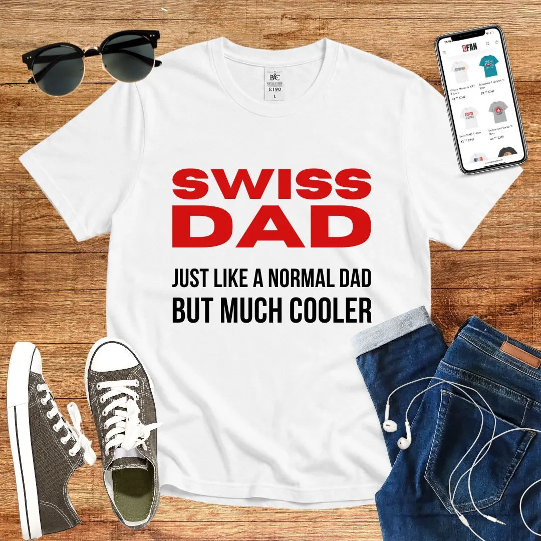 T-Shirt in White mit Motiv mit rotem und schwarzem Text und Schriftzug SWISS DAD JUST LIKE A NORMAL DAD BUT MUCH COOLER