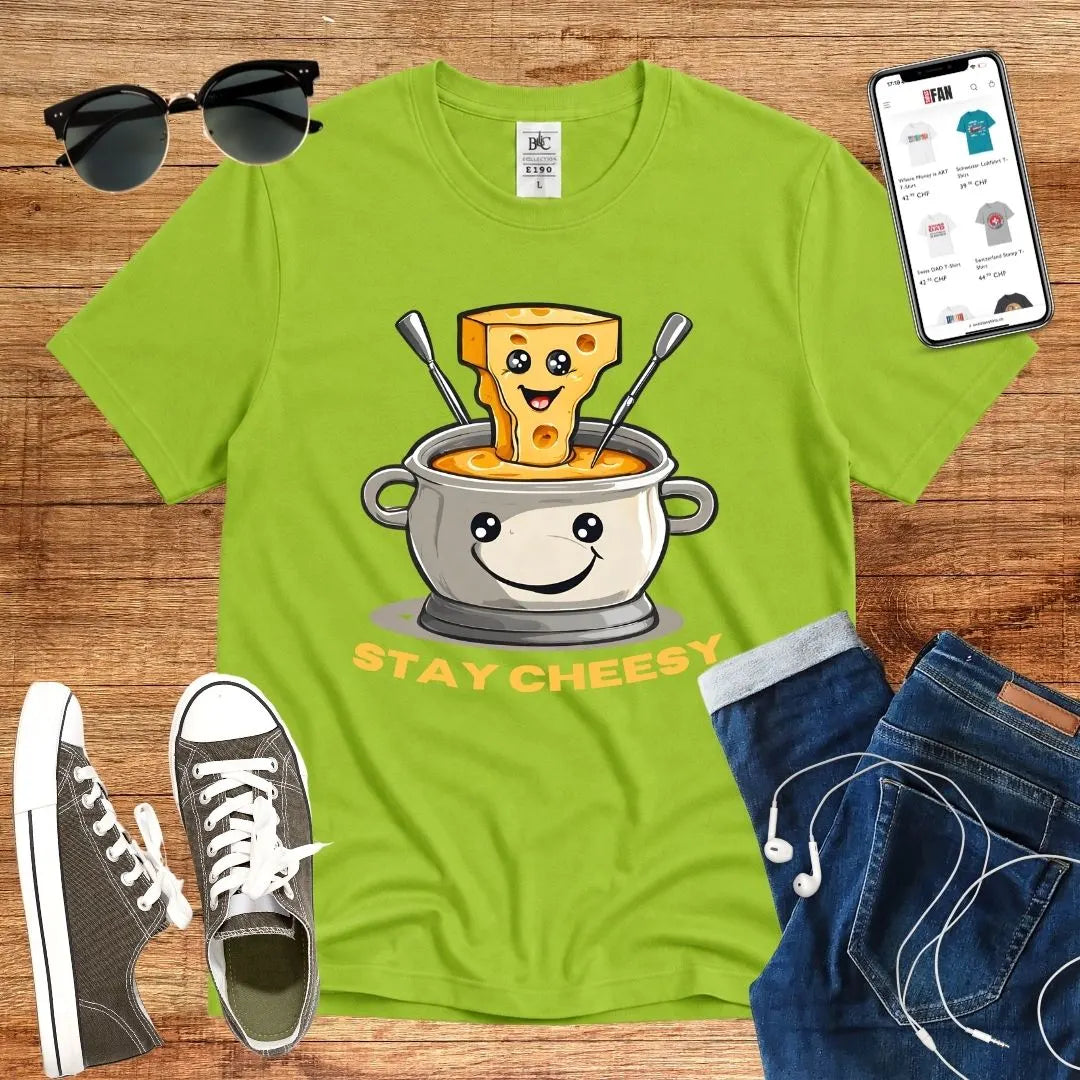 T-Shirt in Orchid Green mit Fröhliches Fondue-Design mit lächelndem Topf und Schriftzug „STAY CHEESY“
