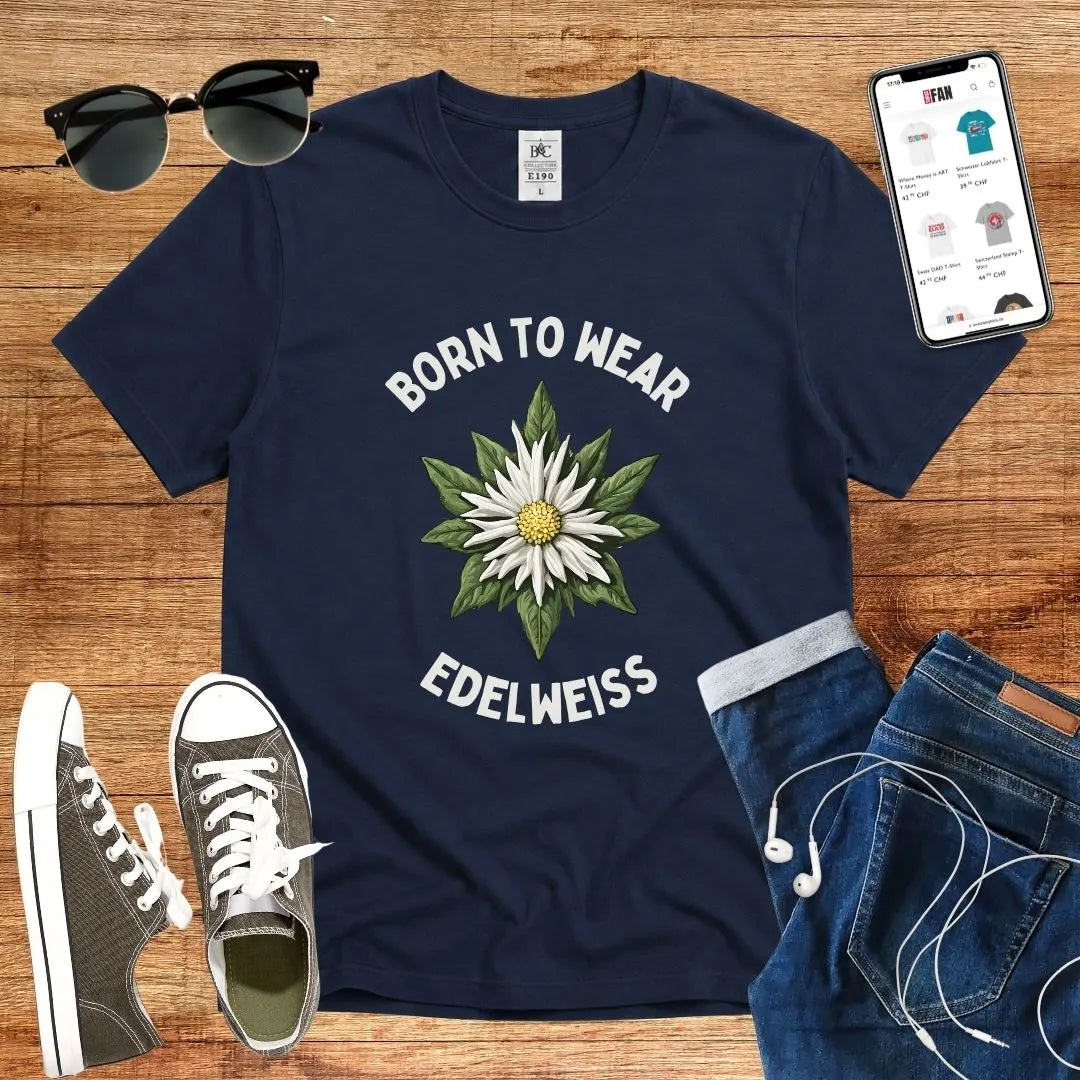 T-Shirt in Navy mit Edelweiß-Motiv mit Schriftzug „Born to wear Edelweiss“