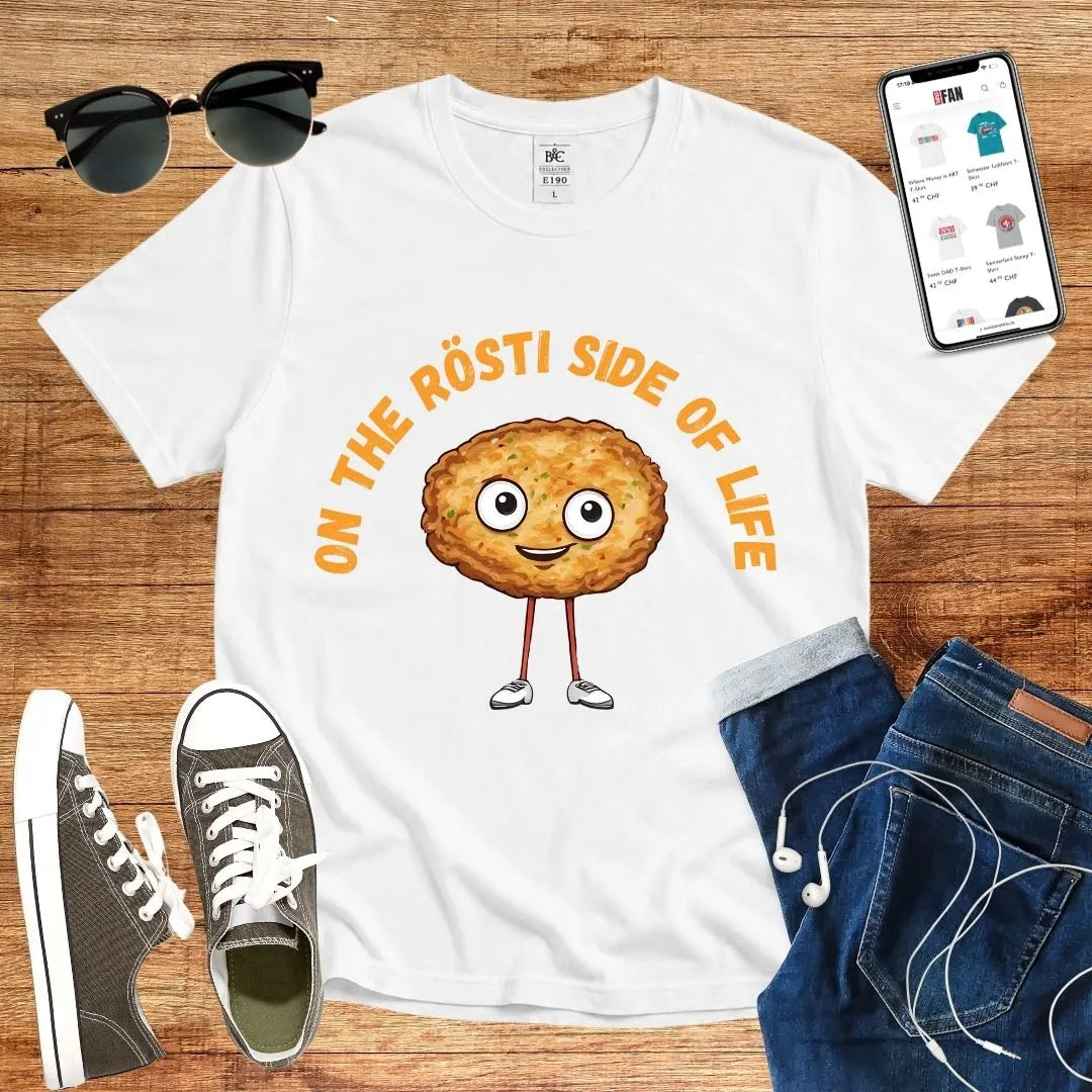 T-Shirt in White mit Charmantes Rösti-Cartoon-Motiv mit Schriftzug „ON THE RÖSTI SIDE OF LIFE“