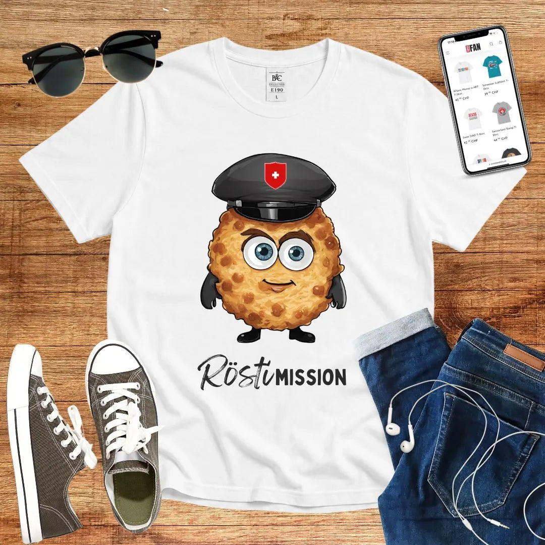 T-Shirt in White mit Niedlicher Rösti-Charakter mit Polizeimütze und Schriftzug „Rösti Mission“