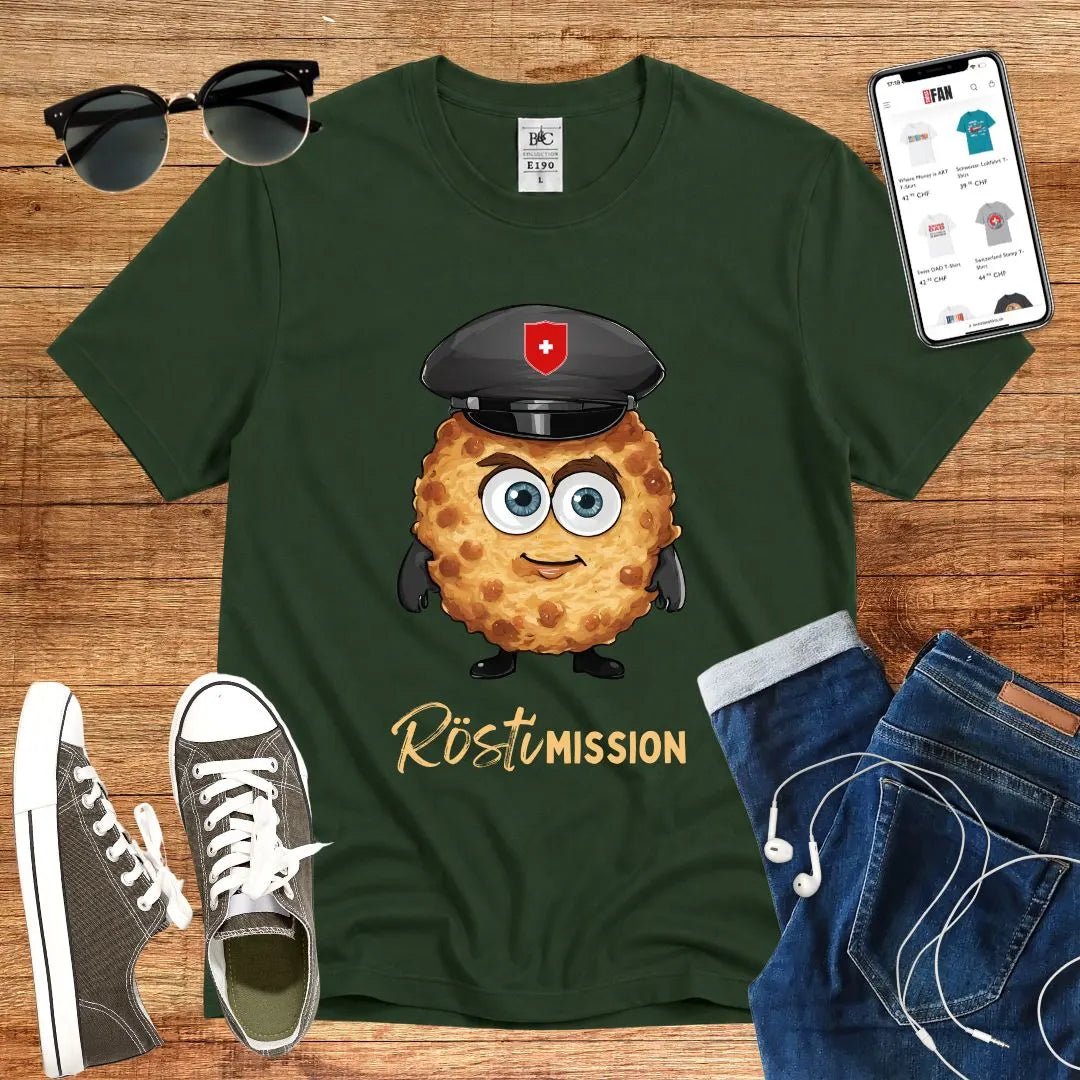T-Shirt in Bottle Green mit Niedlicher Rösti-Charakter mit Polizeimütze und Schriftzug „Rösti Mission“