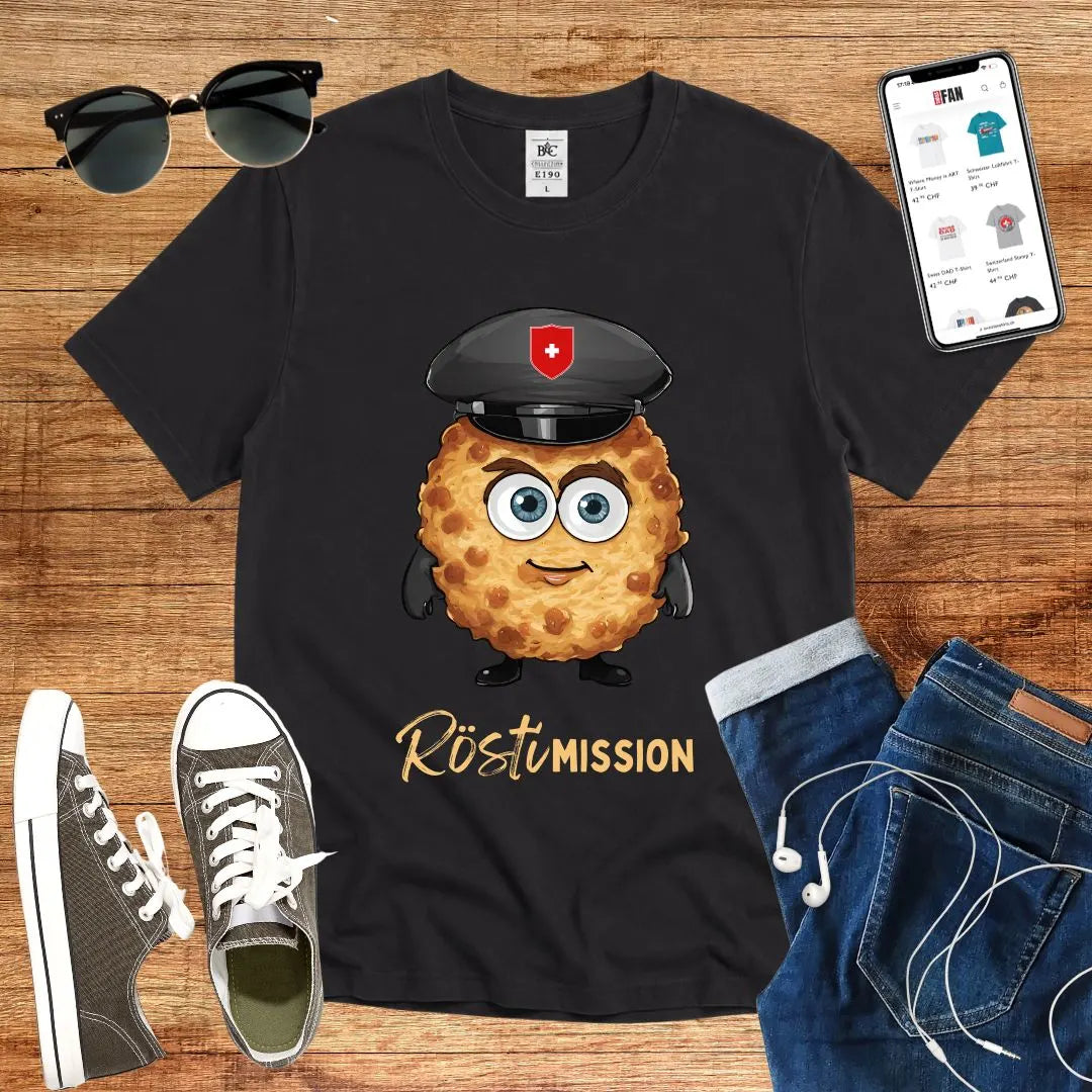 T-Shirt in Black mit Niedlicher Rösti-Charakter mit Polizeimütze und Schriftzug „Rösti Mission“