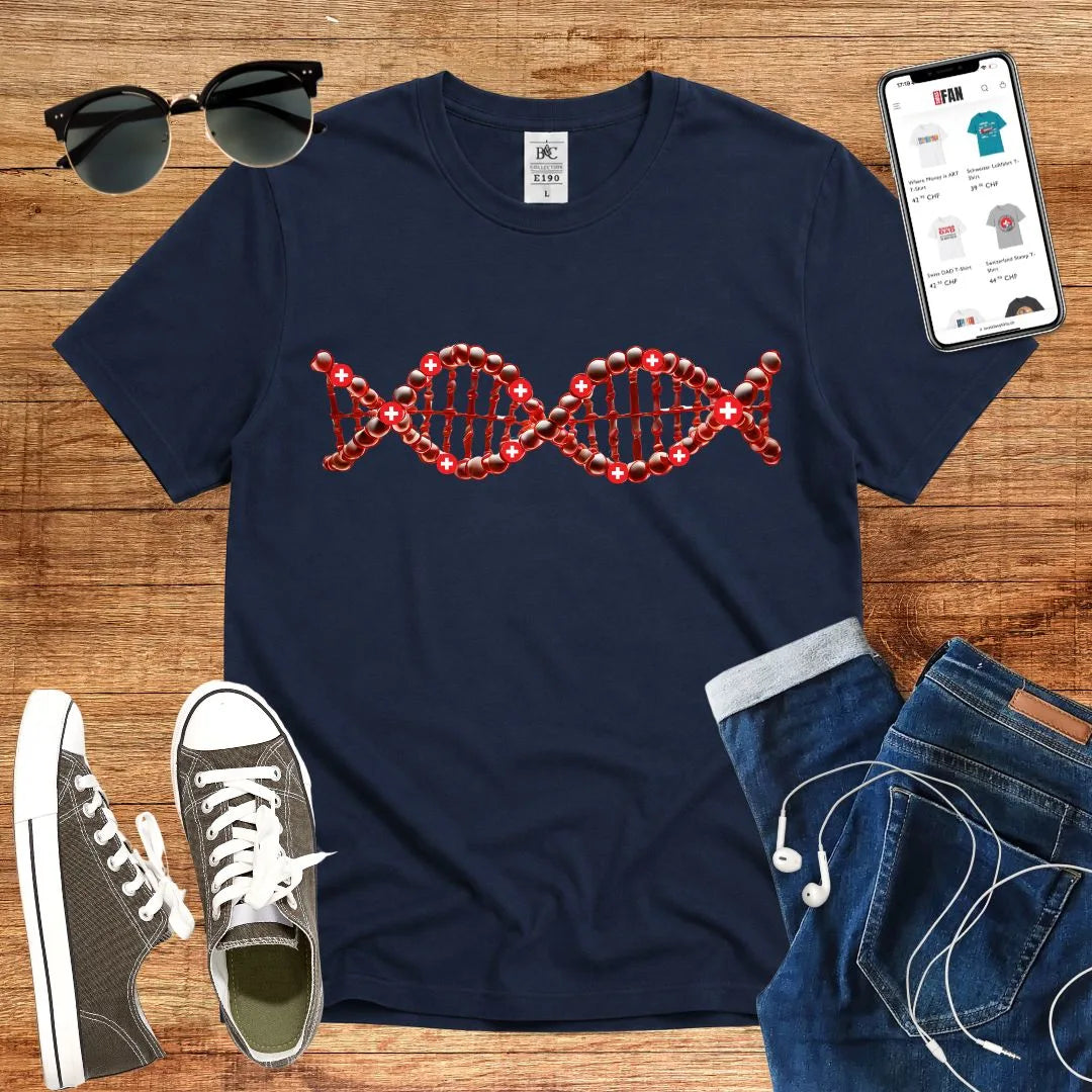 T-Shirt in Navi mit DNA-Motiv mit roten Kugeln und weißen Kreuzen