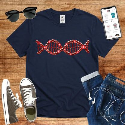 T-Shirt in Navi mit DNA-Motiv mit roten Kugeln und weißen Kreuzen