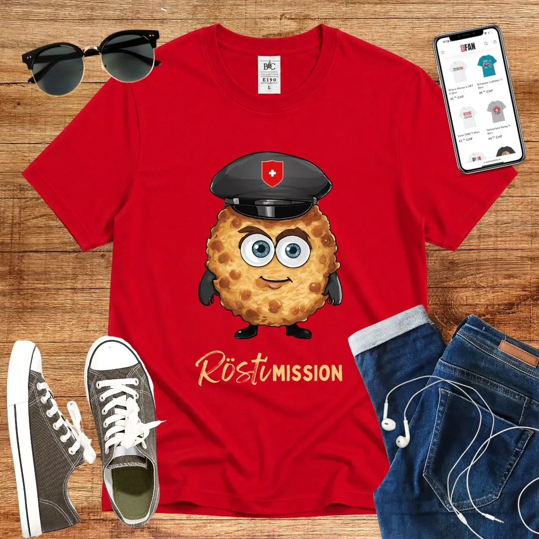 T-Shirt in Red mit Niedlicher Rösti-Charakter mit Polizeimütze und Schriftzug „Rösti Mission“