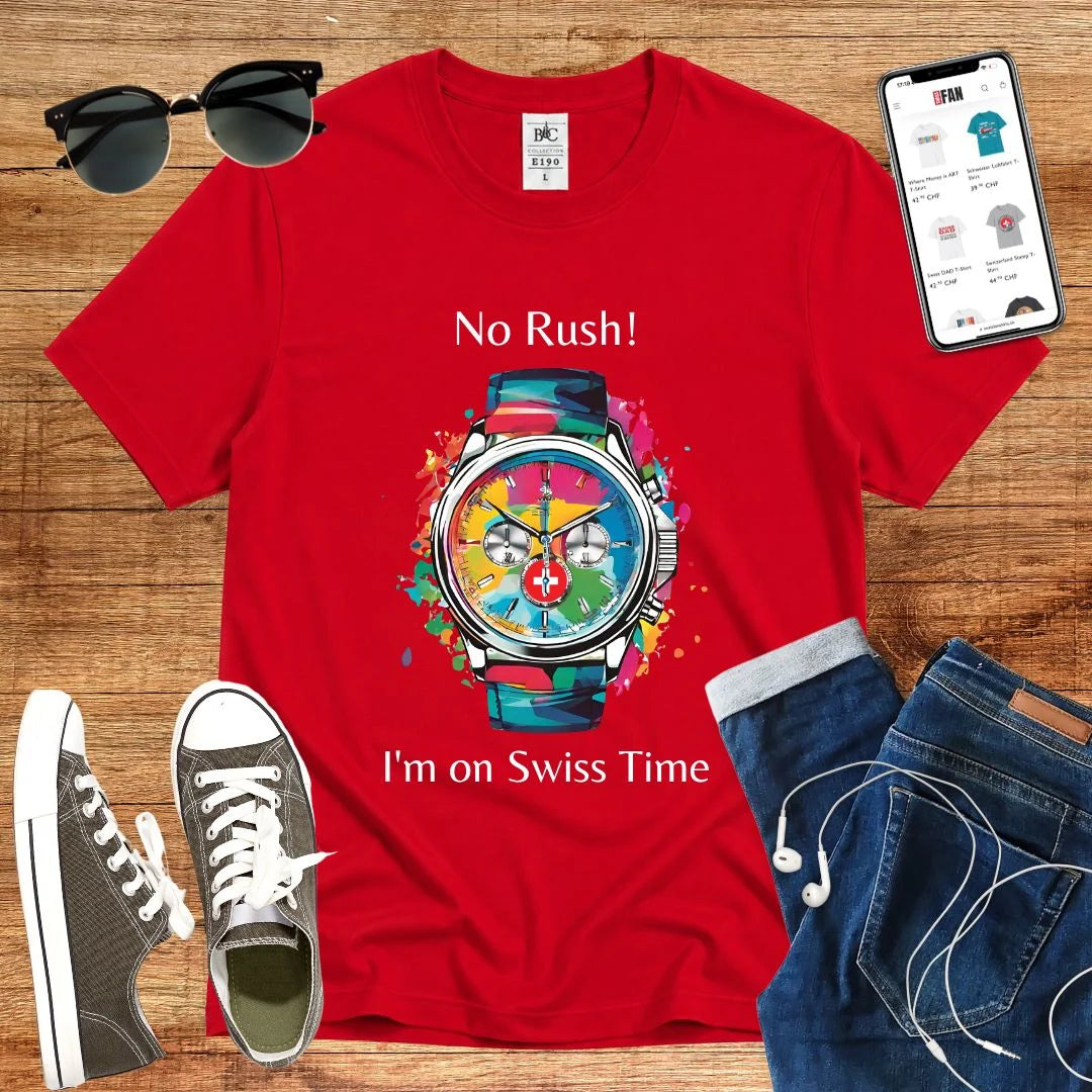 T-Shirt in Red mit Buntes Uhr-Design mit Schriftzug „No Rush! I&