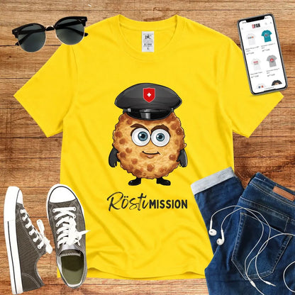 T-Shirt in Solar Yellow mit Niedlicher Rösti-Charakter mit Polizeimütze und Schriftzug „Rösti Mission“