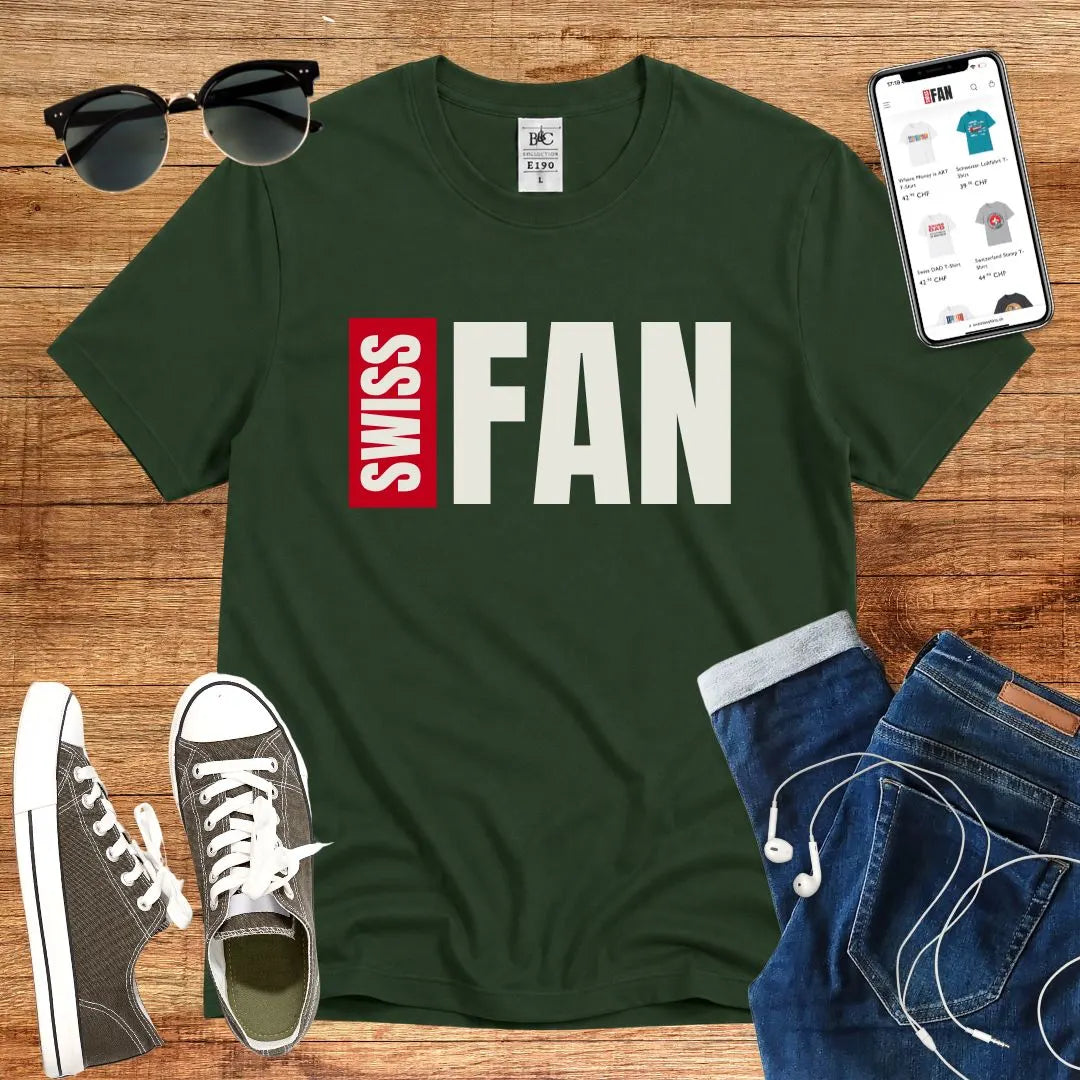 T-Shirt in Bottle Green mit Kontrastreiches Design in Schwarz und Rot mit Schriftzug „SWISS FAN“