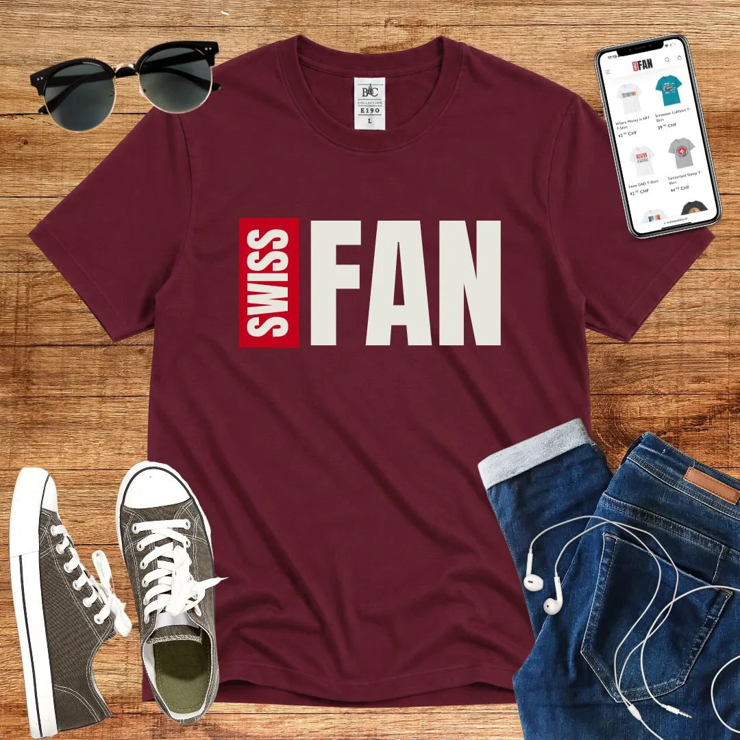 T-Shirt in Burgundy mit Kontrastreiches Design in Schwarz und Rot mit Schriftzug „SWISS FAN“