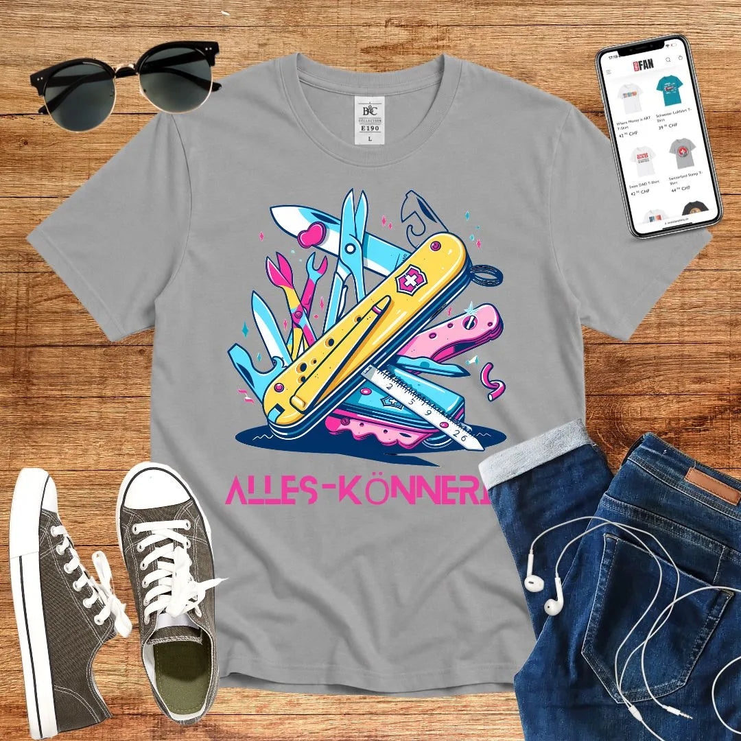 T-Shirt in Sport Grey mit Schweizer-Messer-Design in Pink und Blau mit Schriftzug „ALLES-KÖNNERIN“