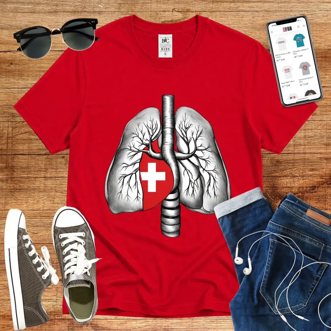 T-Shirt in Red mit Lungen-Design mit Schweizer Kreuz