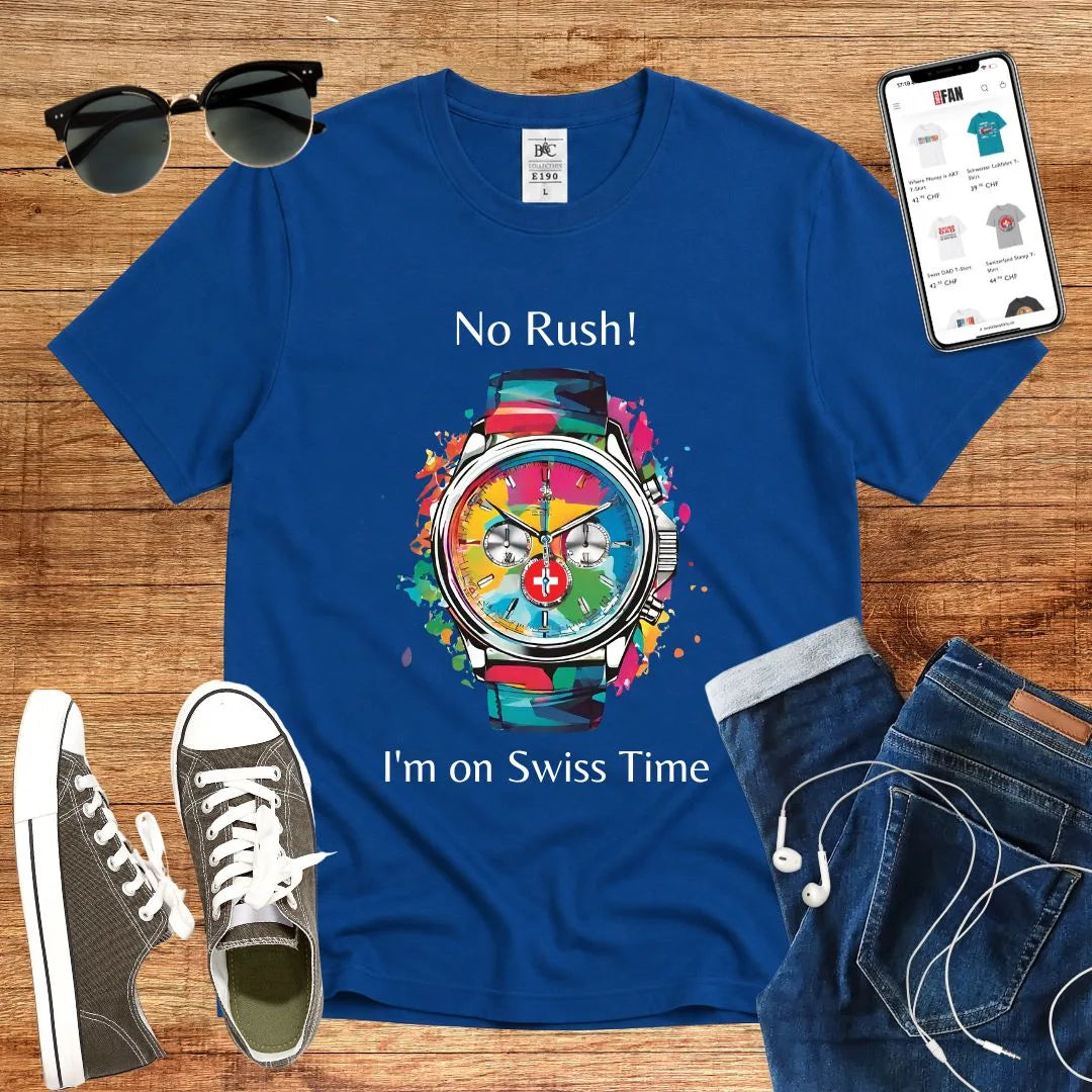 T-Shirt in Royal Blue mit Buntes Uhr-Design mit Schriftzug „No Rush! I&