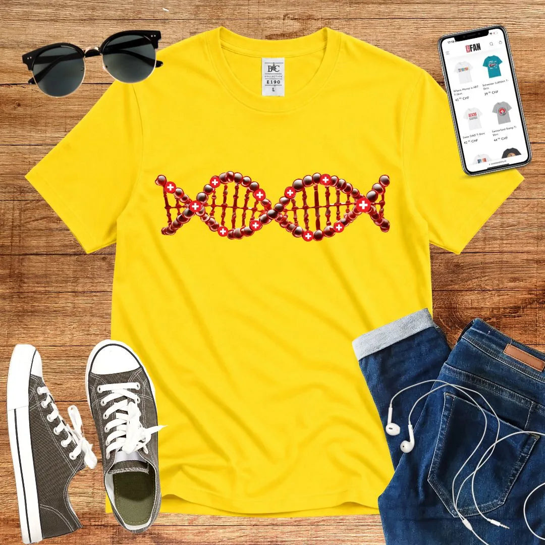 T-Shirt in Solar Yellow mit DNA-Motiv mit roten Kugeln und weißen Kreuzen