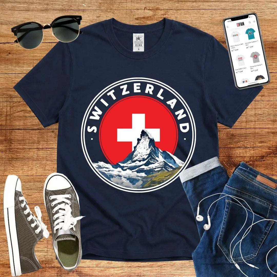 T-Shirt in Navy mit Rundes Design mit Matterhorn und Schweizer Kreuz mit Schriftzug „SWITZERLAND“
