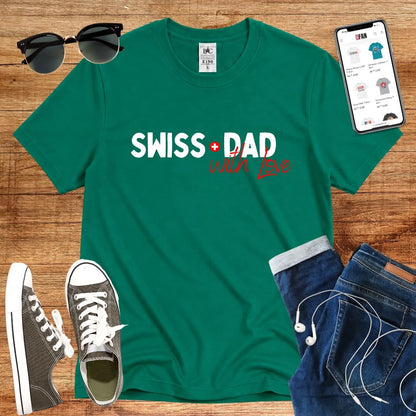 T-Shirt in Kelly Green mit Kontrastreiches Design mit rotem und grauem Schriftzug „SWISS DAD with LOVE“