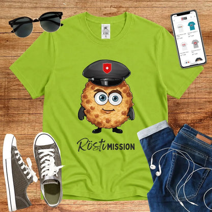 T-Shirt in Orchid Green mit Niedlicher Rösti-Charakter mit Polizeimütze und Schriftzug „Rösti Mission“