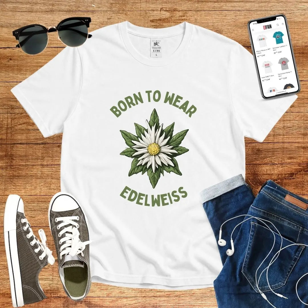 T-Shirt in White mit Edelweiß-Motiv mit Schriftzug „Born to wear Edelweiss“