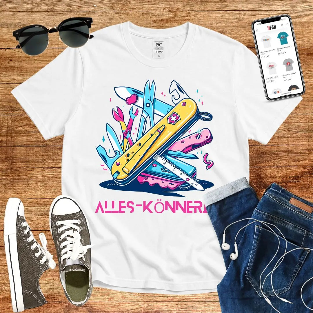 T-Shirt in White mit Schweizer-Messer-Design in Pink und Blau mit Schriftzug „ALLES-KÖNNERIN“