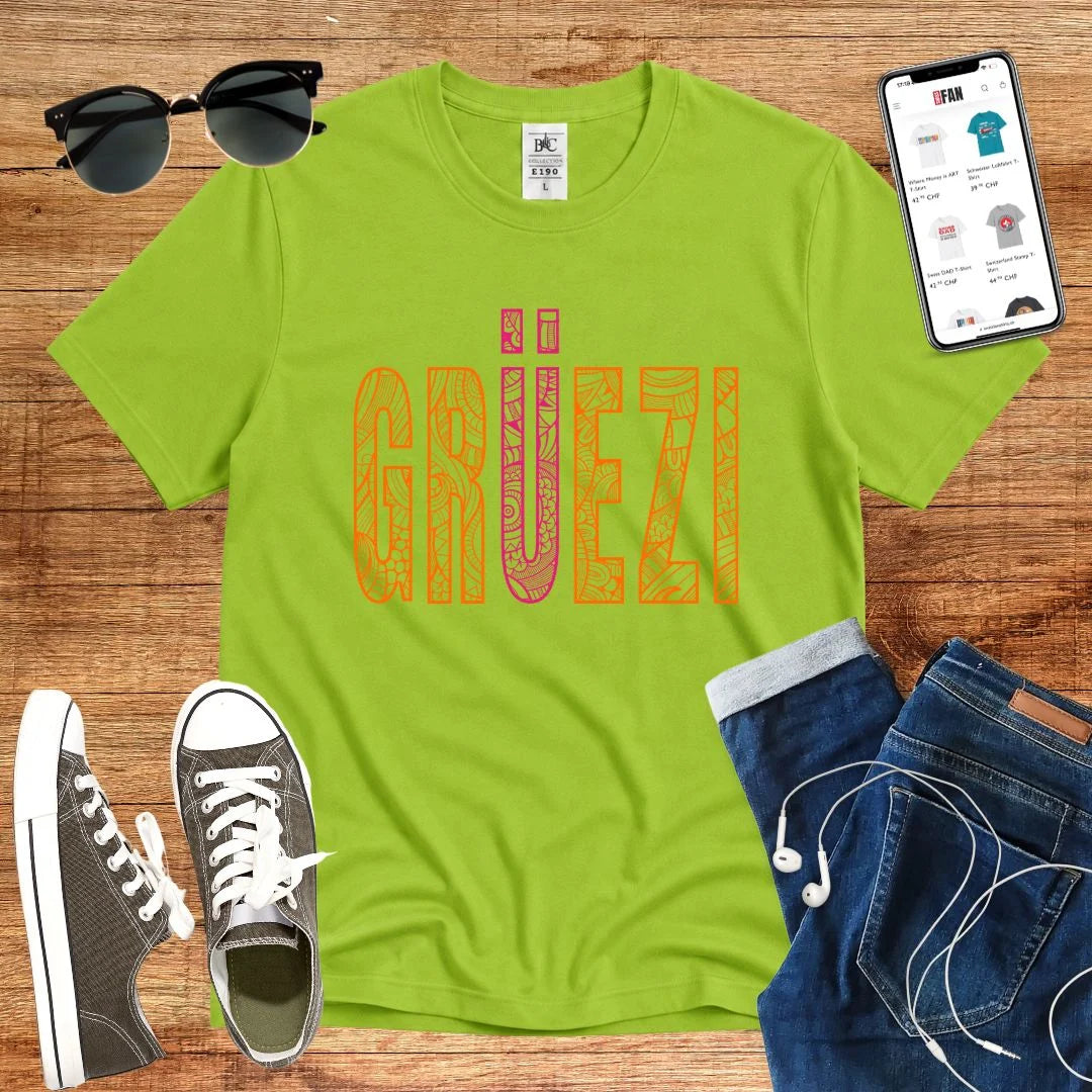 T-Shirt in Orchid Green mit Dekoratives Muster-Design mit Schriftzug „GRÜEZI“