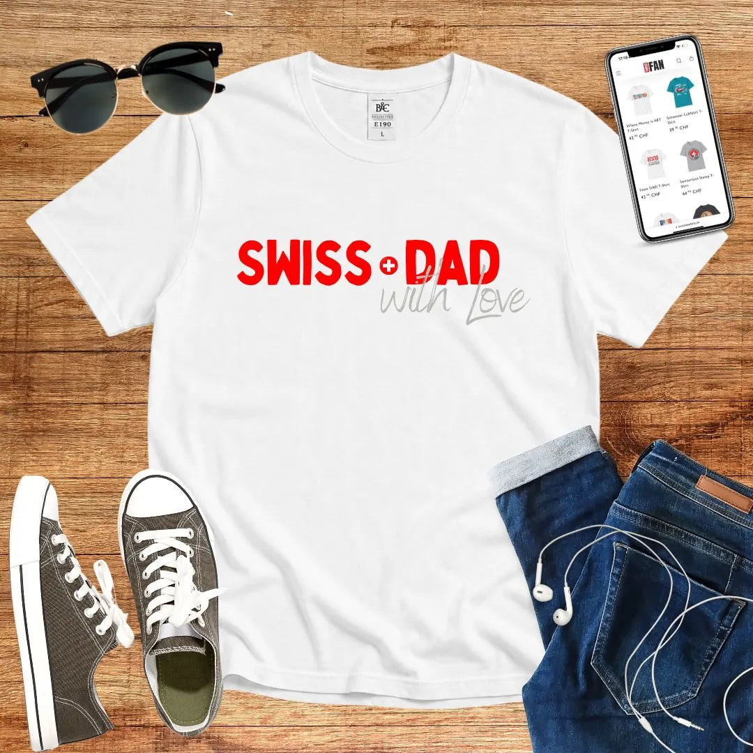 T-Shirt in White mit Kontrastreiches Design mit rotem und grauem Schriftzug „SWISS DAD with LOVE“