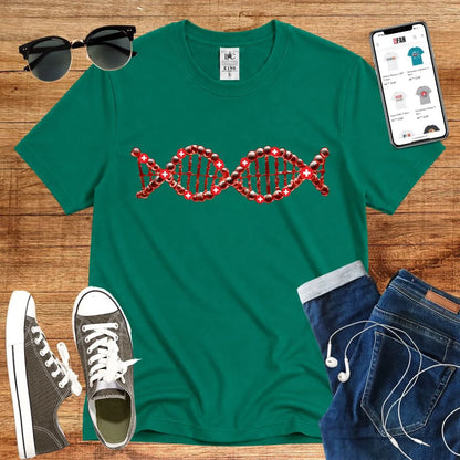 T-Shirt in Kelly Green mit DNA-Motiv mit roten Kugeln und weißen Kreuzen