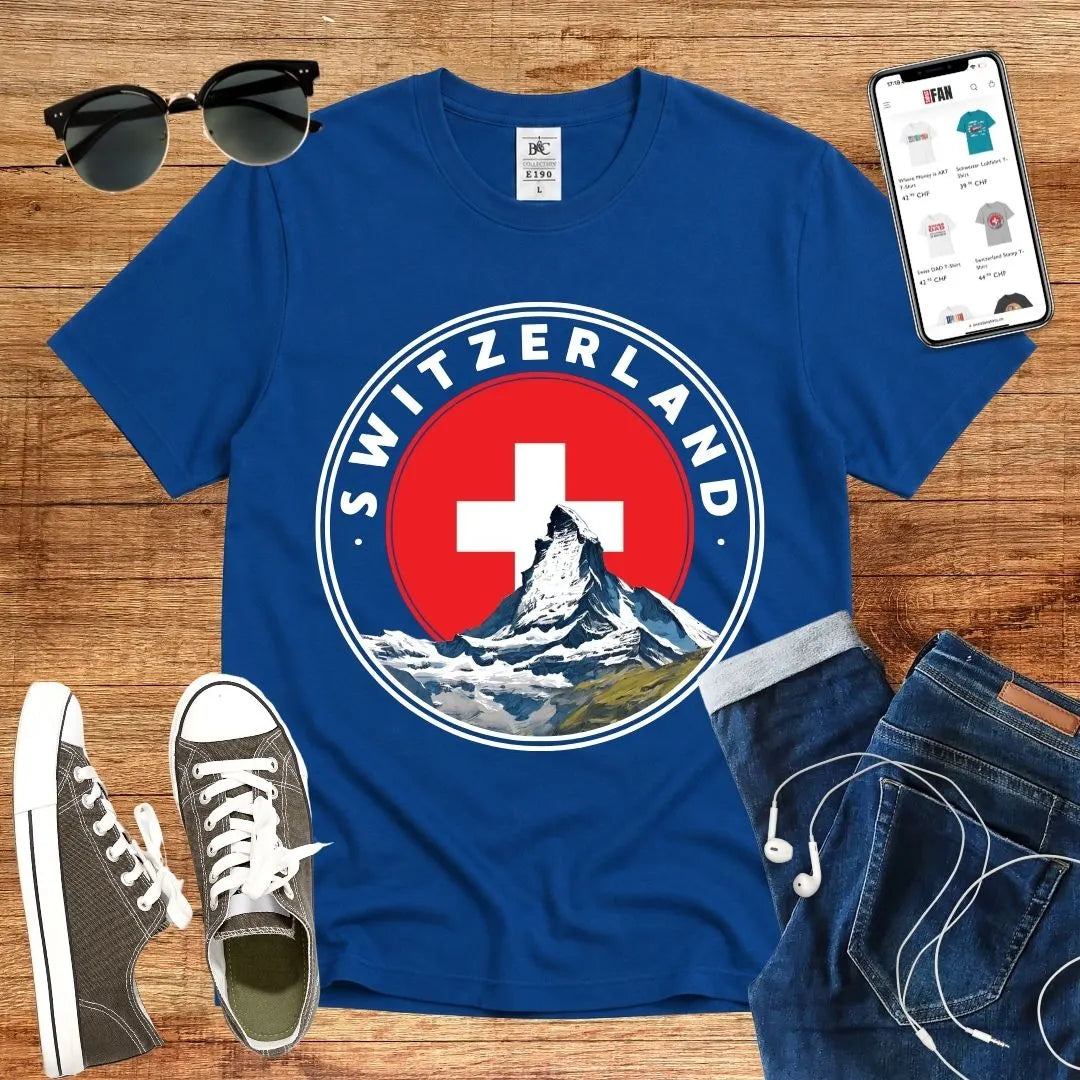 T-Shirt in Royal Blue mit Rundes Design mit Matterhorn und Schweizer Kreuz mit Schriftzug „SWITZERLAND“