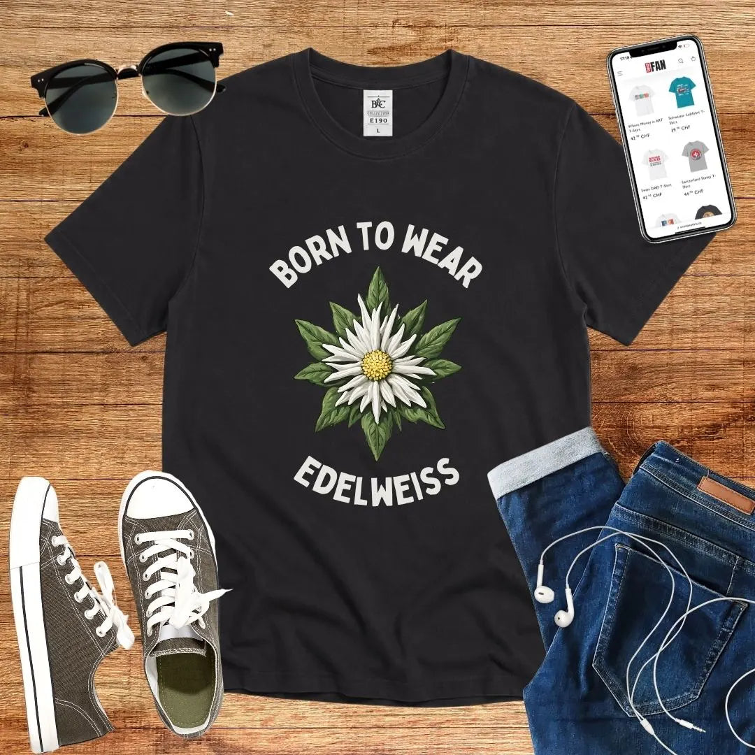 T-Shirt in Black mit Edelweiß-Motiv mit Schriftzug „Born to wear Edelweiss“