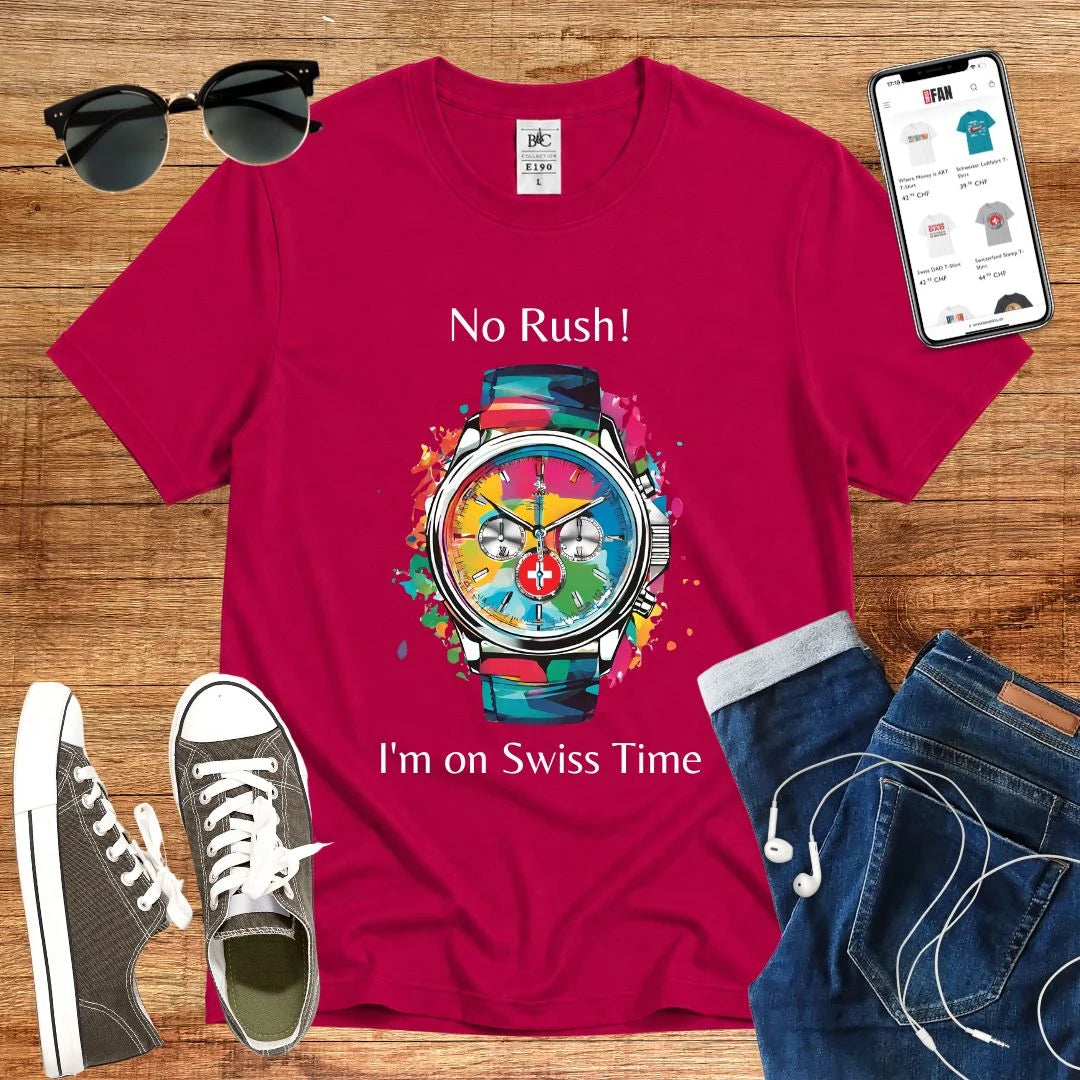 T-Shirt in Sorbet mit Buntes Uhr-Design mit Schriftzug „No Rush! I&