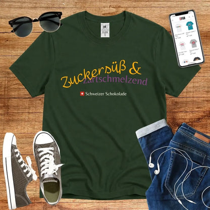 T-Shirt in Bottle Green mit Zuckersüß &amp; zartschmelzend mit Schriftzug Zuckersüß &amp; Zartschmelzend Schweizer Schokolade