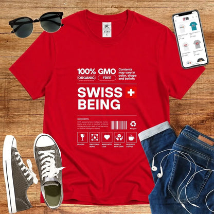 T-Shirt in Red mit Schlichtes Design mit schwarzem Text und Schweizer Flagge mit Schriftzug „SWISS BEING“