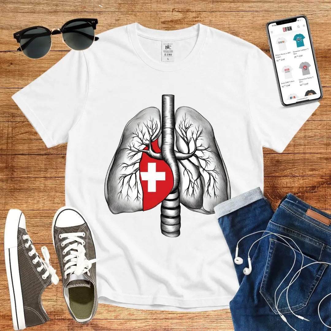 T-Shirt in White mit Lungen-Design mit Schweizer Kreuz