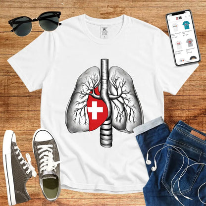 T-Shirt in White mit Lungen-Design mit Schweizer Kreuz