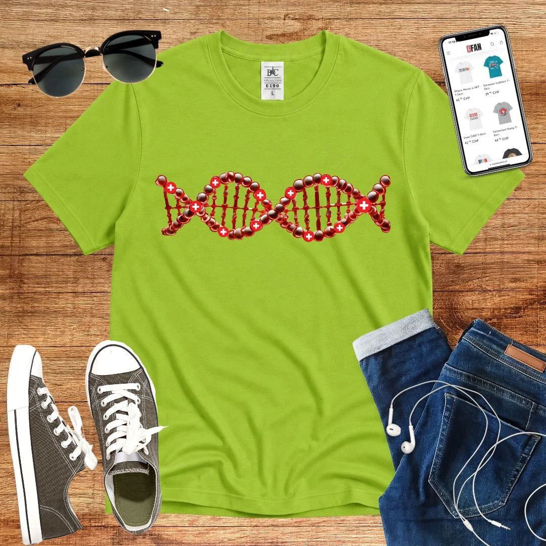 T-Shirt in Orchid Green mit DNA-Motiv mit roten Kugeln und weißen Kreuzen