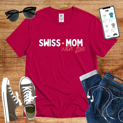 T-Shirt in Sorbet mit Schriftzug „in Rot“ und Rosa mit Schriftzug „SWISS MOM with LOVE“