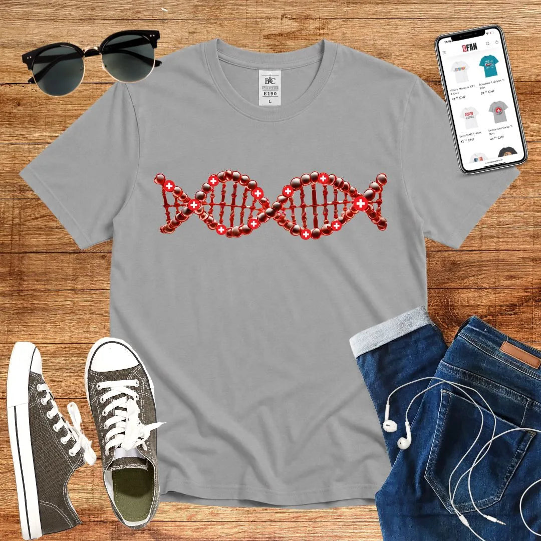 T-Shirt in Sport Grey mit DNA-Motiv mit roten Kugeln und weißen Kreuzen