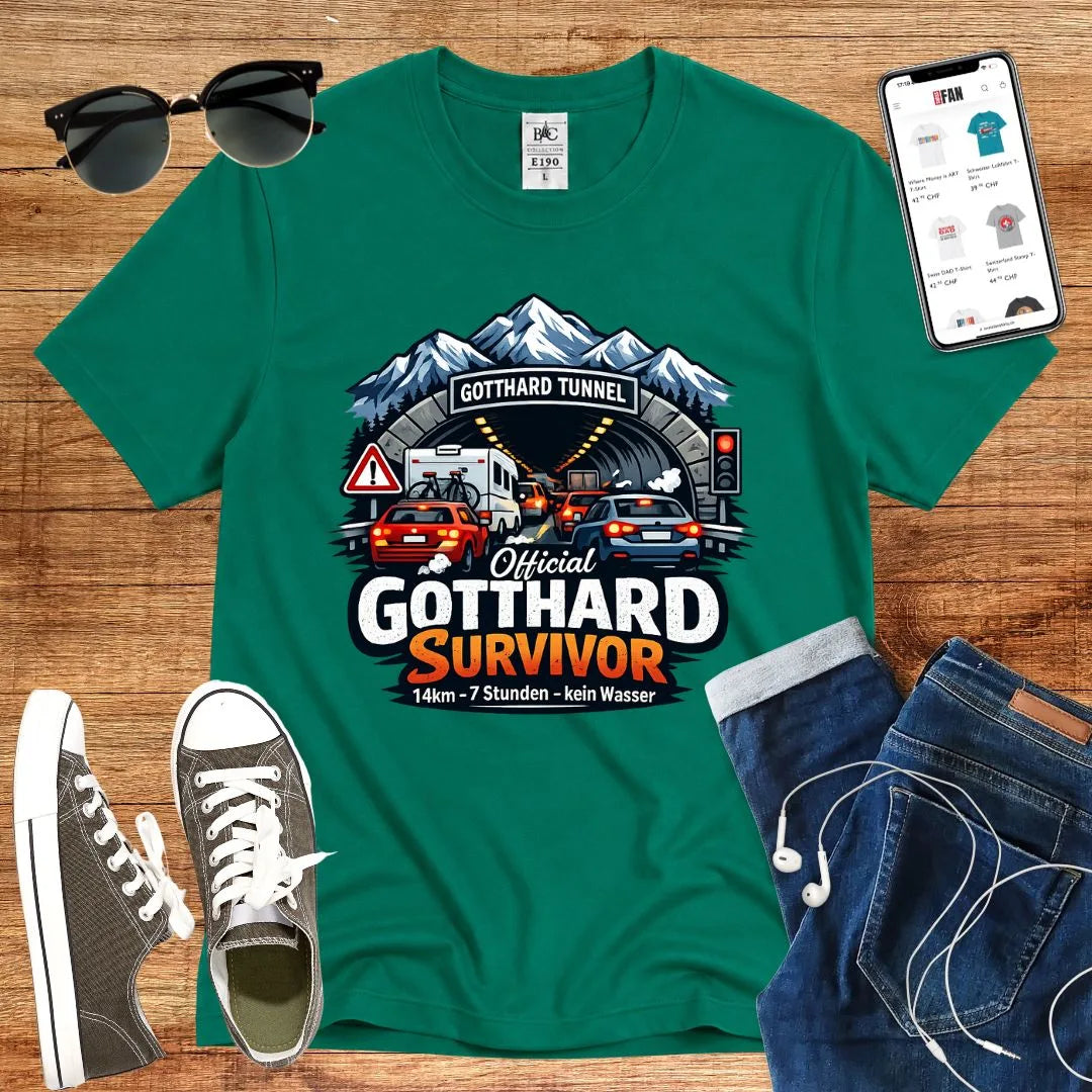 T-Shirt in Kelly Green mit Illustration von Gotthard-Tunnel mit Autos und Bergen, Schriftzug „Official Gotthard…