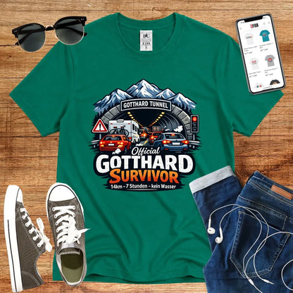 T-Shirt in Kelly Green mit Illustration von Gotthard-Tunnel mit Autos und Bergen, Schriftzug „Official Gotthard…