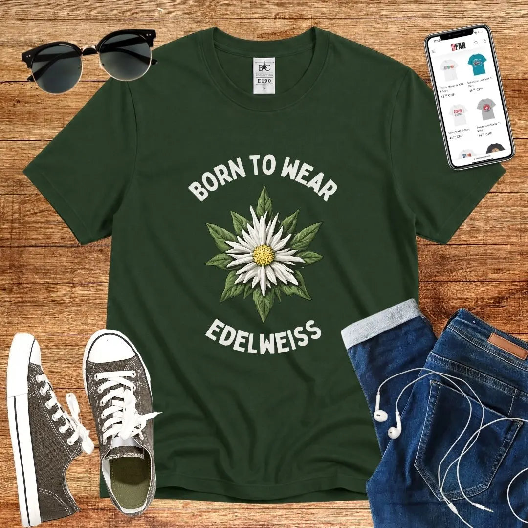 T-Shirt in Bottle Green mit Edelweiß-Motiv mit Schriftzug „Born to wear Edelweiss“