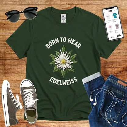 T-Shirt in Bottle Green mit Edelweiß-Motiv mit Schriftzug „Born to wear Edelweiss“