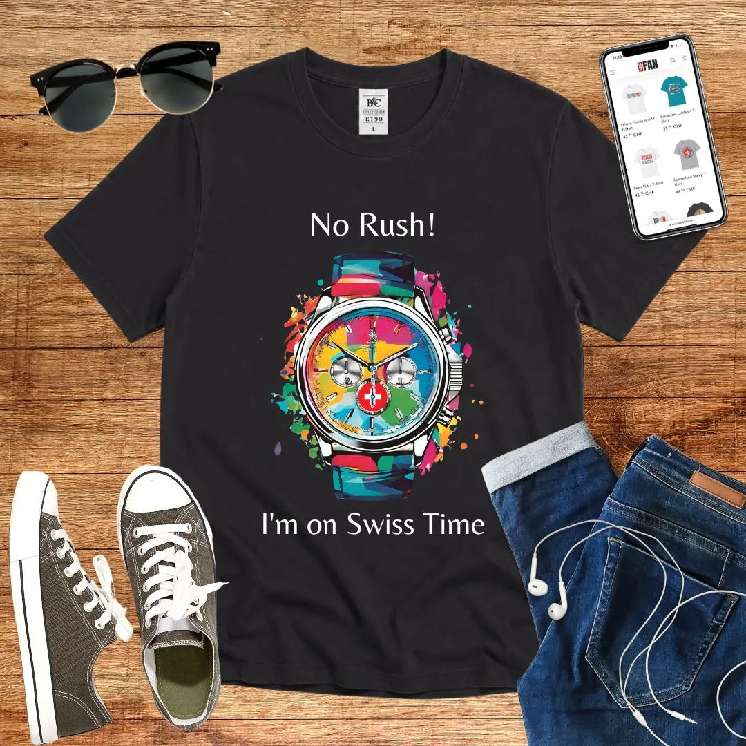 T-Shirt in Black mit Buntes Uhr-Design mit Schriftzug „No Rush! I&