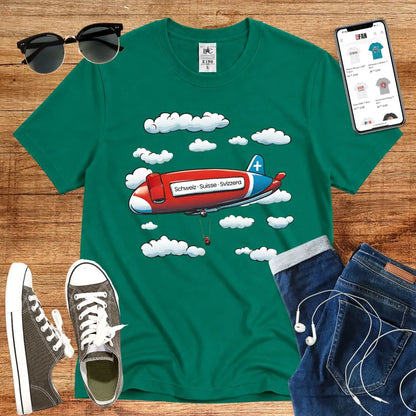 T-Shirt in Kelly Green mit Zeppelin-Motiv mit Wolken und Schriftzug „Schweiz · Suisse · Svizzera“