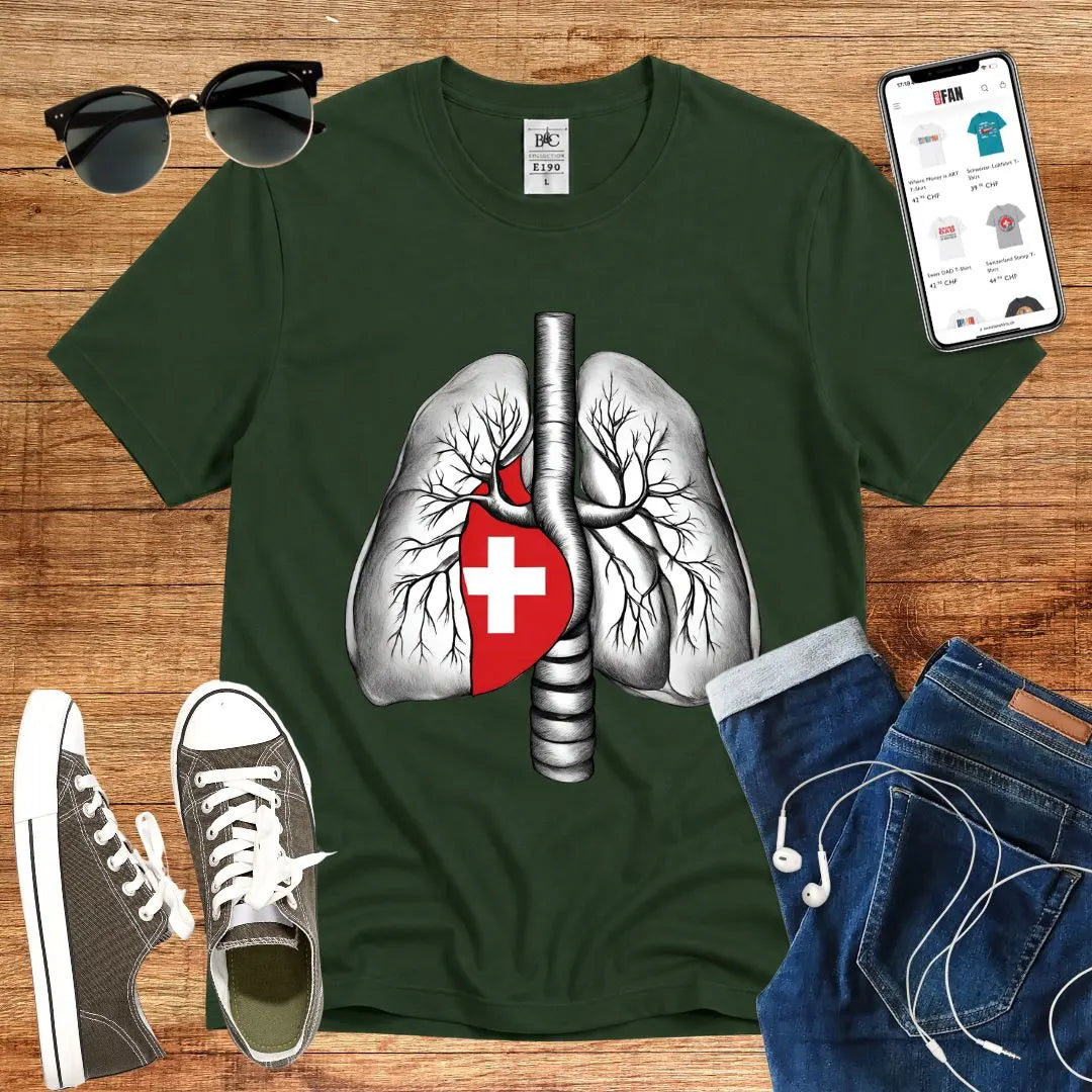 T-Shirt in Bottle Green mit Lungen-Design mit Schweizer Kreuz